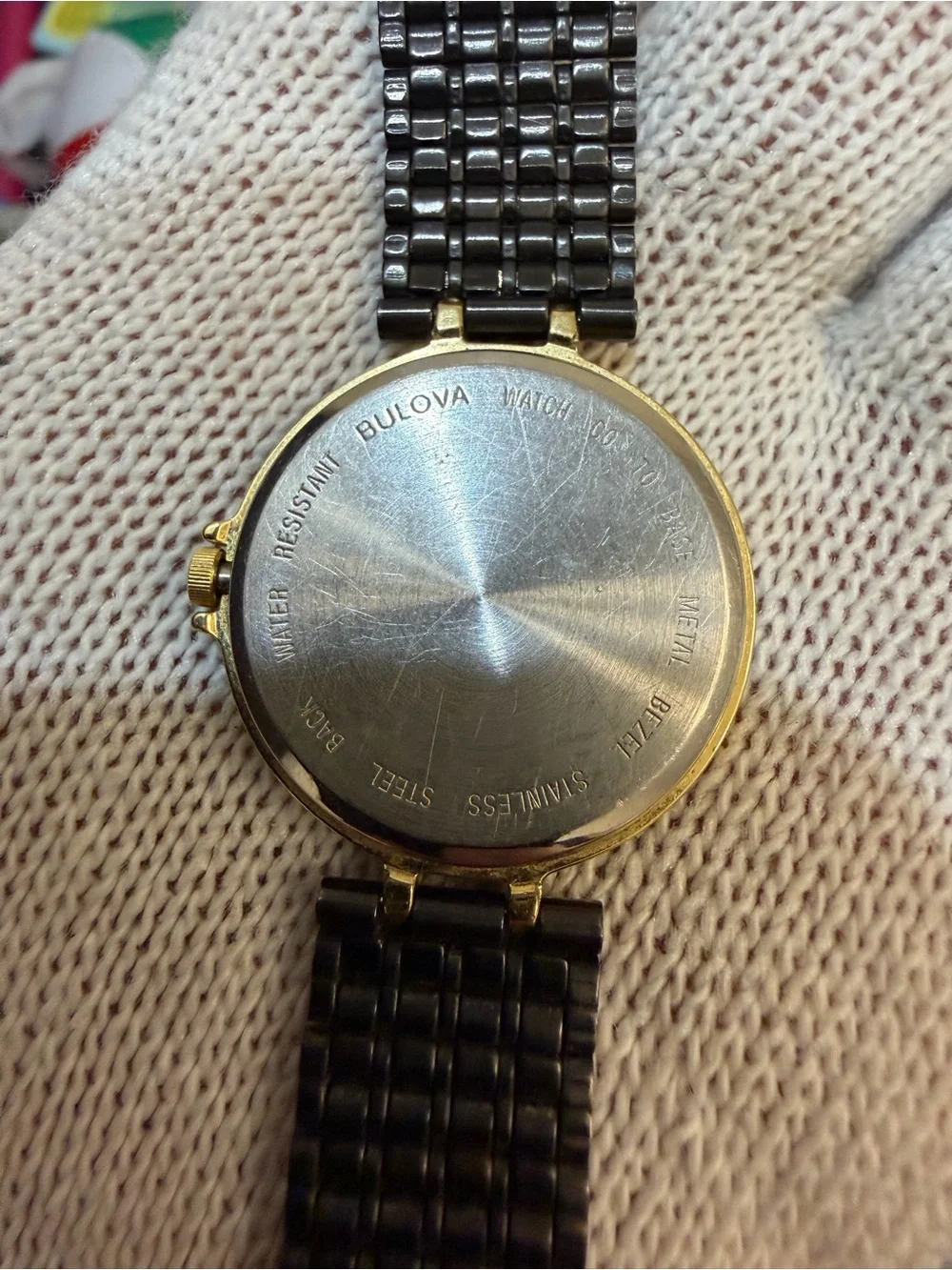 Vintage Bulova Women's Two-Tone Dress Watch Black Geometric Dial Date 60-10 32mm